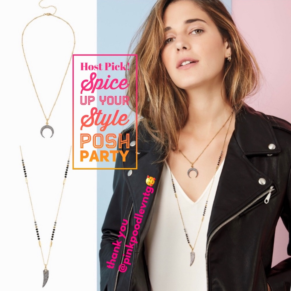 Stella & Dot x Rebecca Minkoff Gold+Black+Pavé Jasper Horn Pendant Neckl…